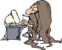 Шутливый рисунок - длинноволосый IT-гуру за работой на компьютере